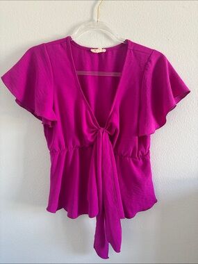 See You Monday Fuchsia Tie-Front Flutter Sleeve Top